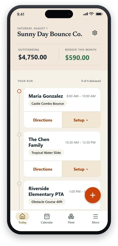 The Today screen on the operator’s phone, on a Saturday: their name and the date across the top, then what they are still owed beside what has been booked this month, then the day’s run in delivery order — each stop with the customer, the delivery window, the unit going out, and directions and its setup checklist on the card.