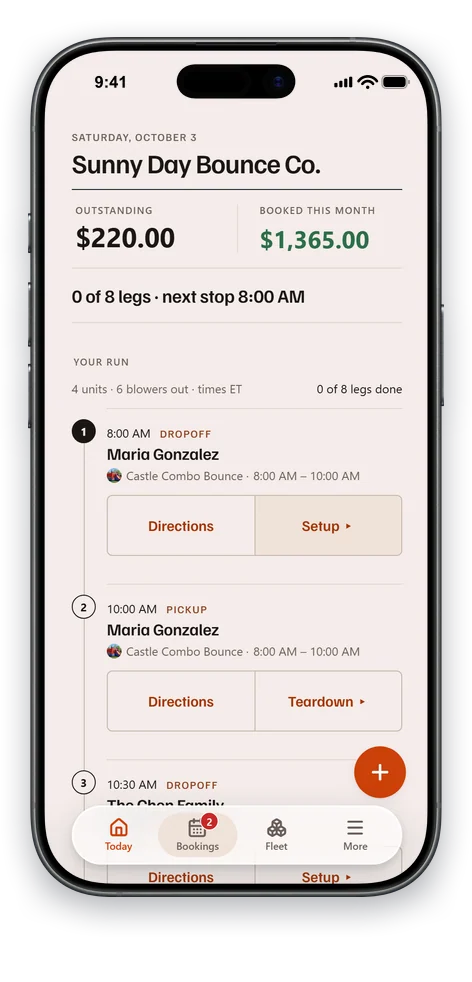 The Today screen on the operator’s phone, on a Saturday: their name and the date across the top, then what they are still owed beside what has been booked this month, then the day’s run in delivery order — each stop with the customer, the delivery window, the unit going out, and directions and its setup checklist on the card.