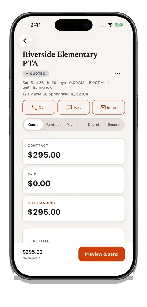 A quote on the operator’s phone, marked QUOTED: the customer, the Saturday they asked for with its delivery window and the one unit going out, and a tap each to call, text or email them; the quote’s own tabs across contract, payments, day-of and record; what the quote comes to, what has been paid and what is still outstanding; and, pinned along the bottom, that total with no deposit set beside one button to preview and send it.
