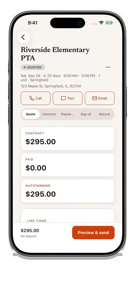 A quote on the operator’s phone, marked QUOTED: the customer, the Saturday they asked for with its delivery window and the one unit going out, and a tap each to call, text or email them; the quote’s own tabs across contract, payments, day-of and record; what the quote comes to, what has been paid and what is still outstanding; and, pinned along the bottom, that total with no deposit set beside one button to preview and send it.