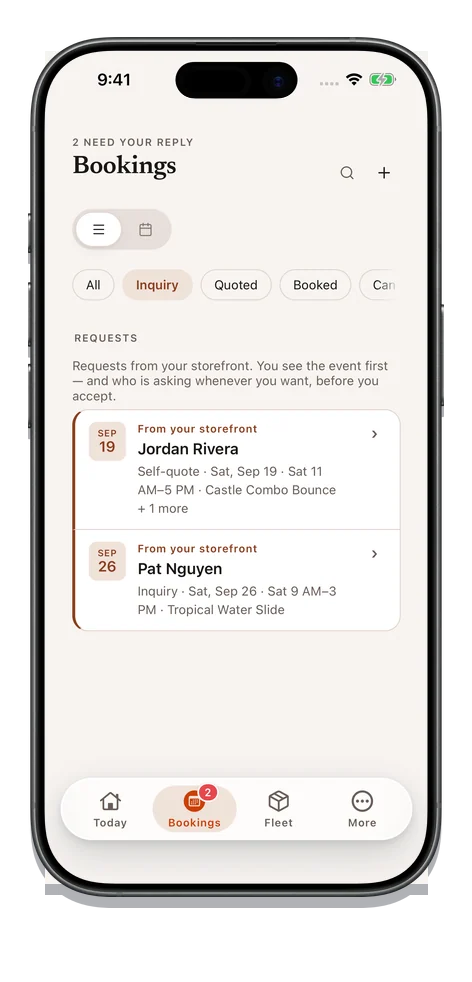 The operator’s bookings on their phone, filtered to inquiries: two storefront requests waiting on a reply, each row carrying the event date, the Saturday and delivery window asked for, the units wanted, and who is asking — read before accepting either of them.