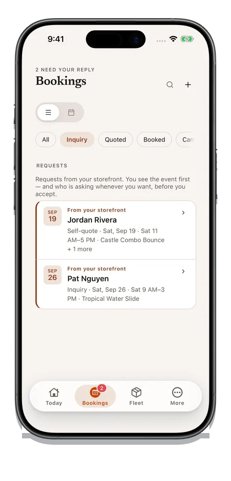 The operator’s bookings on their phone, filtered to inquiries: two storefront requests waiting on a reply, each row carrying the event date, the Saturday and delivery window asked for, the units wanted, and who is asking — read before accepting either of them.