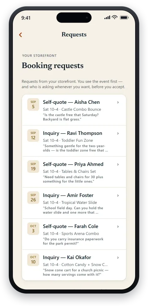 The operator’s requests inbox on their phone: six booking requests from their storefront in one list, each showing the event date, the delivery window, the unit asked for, who is asking, and the customer’s own message — read before accepting any of them.