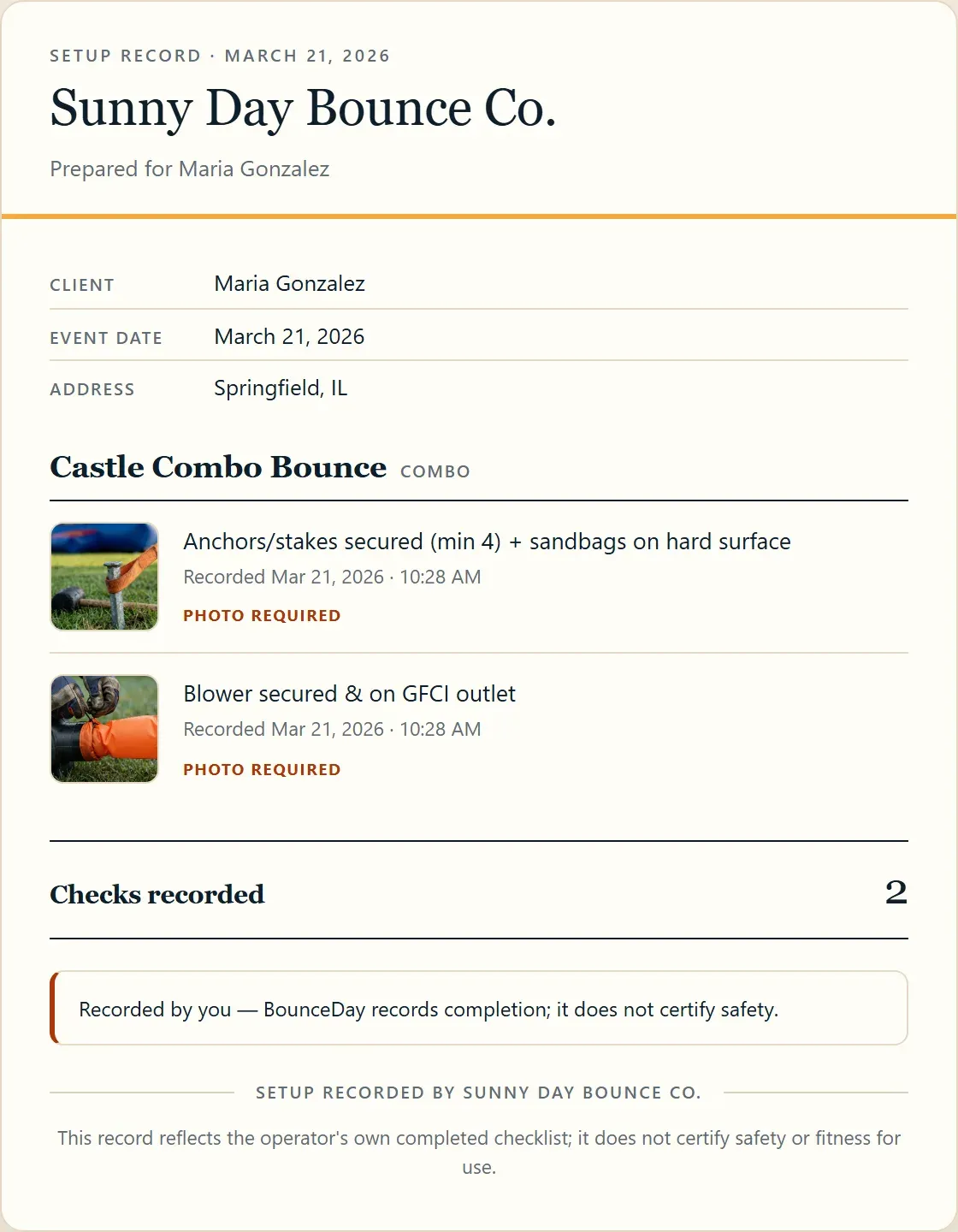 A composed setup record: the operator’s branded, insurer-ready register of a completed setup checklist — per-unit safety checks with recorded timestamps, and the line that it records completion, it does not certify safety.