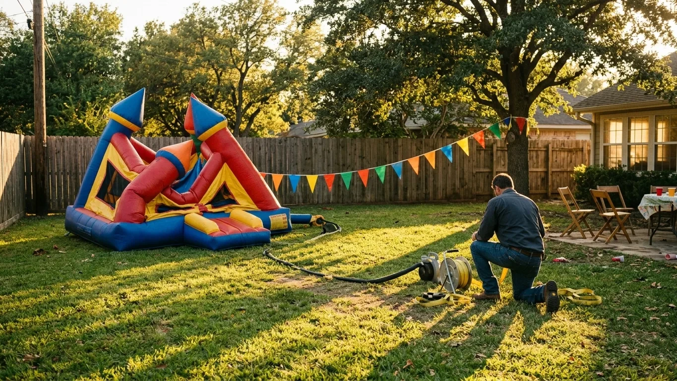 A golden-hour backyard teardown as a castle deflates and the operator packs the blower.