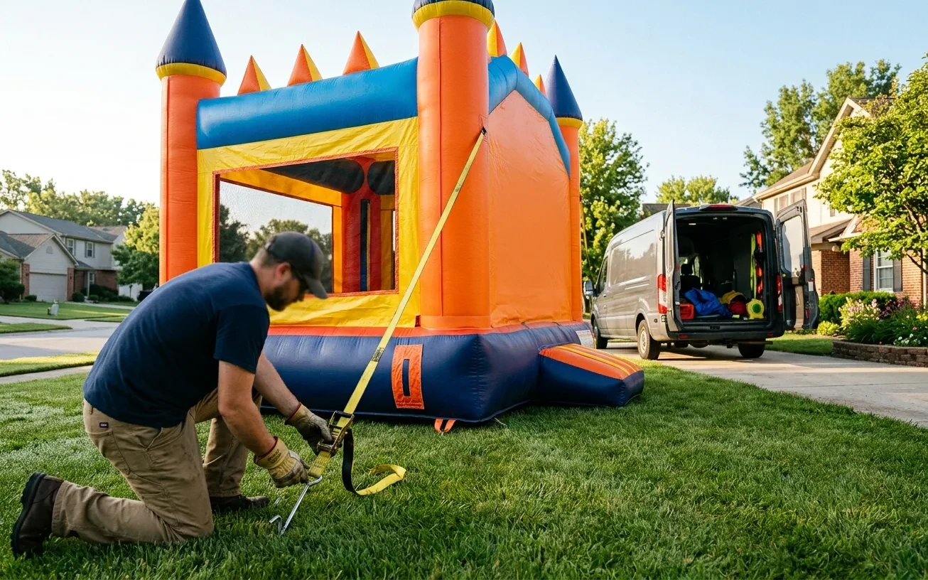 An operator in gloves stakes and straps an inflated bounce castle on a front lawn, the delivery van open in the driveway behind.
