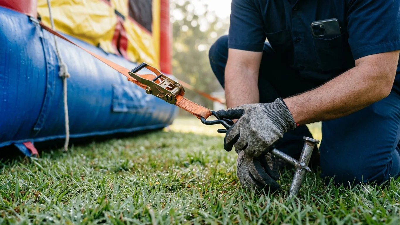 A close-up of gloved hands setting a ground stake and ratchet strap at the base of an inflatable.