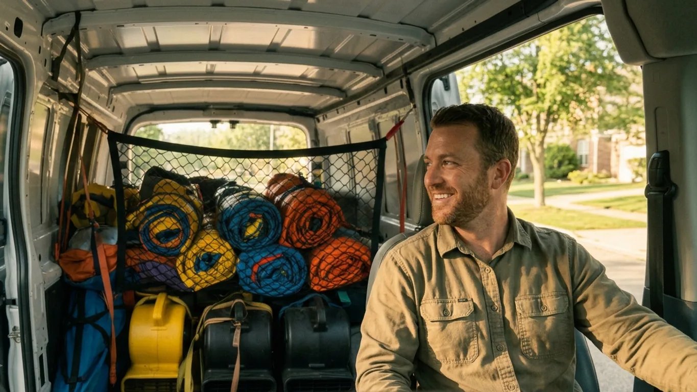 An operator smiles from the open side door of a packed van — inflatable rolls and blowers netted behind him, a sunlit residential street beyond.