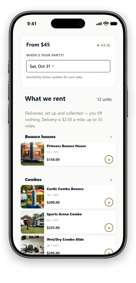 An operator’s storefront on a phone: their lowest daily price and rating, a “When’s your party?” card with a Saturday chosen and a button to see what is free on that date, and their fleet below it — each unit with the operator’s own photograph, its size and power needs and its daily price, and the ones already promised to somebody else that day marked as booked.