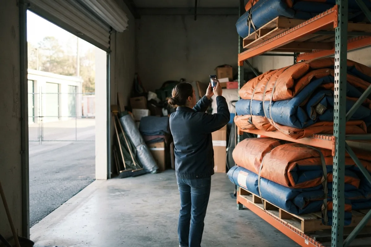 An operator stands a few steps back in a storage unit, holding up a phone to photograph rolled and folded inflatables racked on pallet shelves.