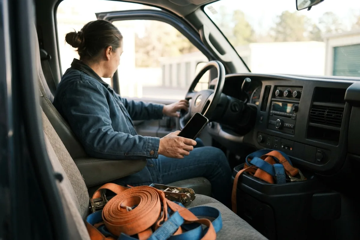 An operator sits in the cab of a cargo van checking a phone against the steering wheel, coiled tie-down straps on the passenger seat and a sunlit driveway beyond.