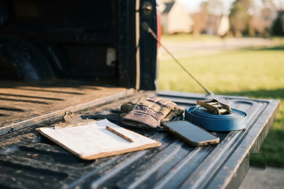 A golden-hour tailgate flat-lay: a clipboard, work gloves, a coiled ratchet strap, and a phone laid face-down — the day done and documented.