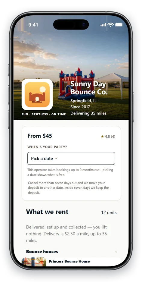 The top of an operator’s storefront on a phone: their name, the town they deliver from, the three words they chose to describe themselves, and their own history beside it — rating, parties delivered, delivery radius, the year they started, and their lowest daily price — above the card that asks for the customer’s date.