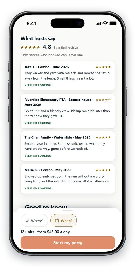 Reviews on an operator’s storefront: a rating, the number of reviews behind it, and the line that only people who actually booked can leave one — each review marked as a verified booking, with the occasion, the month, and photographs of the kind of unit that customer rented.
