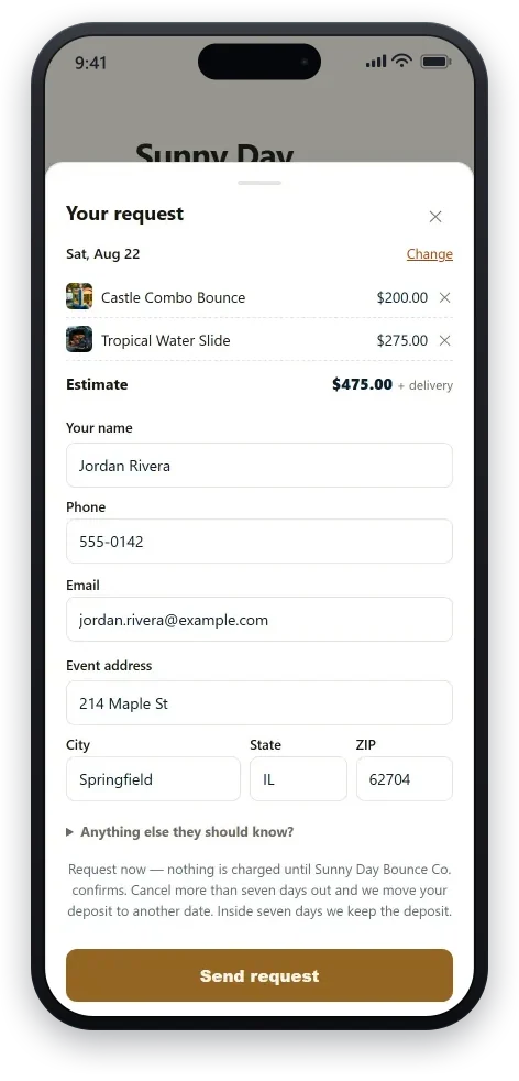 A customer building their own request on the operator’s storefront: the date they picked, the two units they added with prices, a running estimate the operator confirms — never a checkout — their contact details, and the line that nothing is charged until the operator confirms.