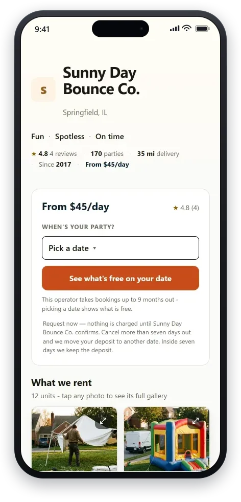 The top of an operator’s storefront on a phone: their name, the town they deliver from, the three words they chose to describe themselves, and their own history beside it — rating, parties delivered, delivery radius, the year they started, and their lowest daily price — above the card that asks for the customer’s date.