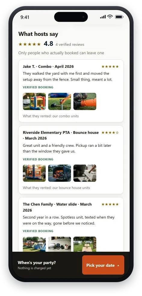 Reviews on an operator’s storefront: a rating, the number of reviews behind it, and the line that only people who actually booked can leave one — each review marked as a verified booking, with the occasion, the month, and photographs of the kind of unit that customer rented.