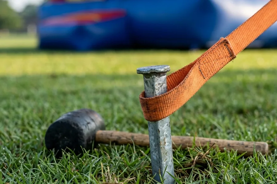 A galvanized ground stake driven into grass with an orange strap loop and a rubber mallet resting beside it.
