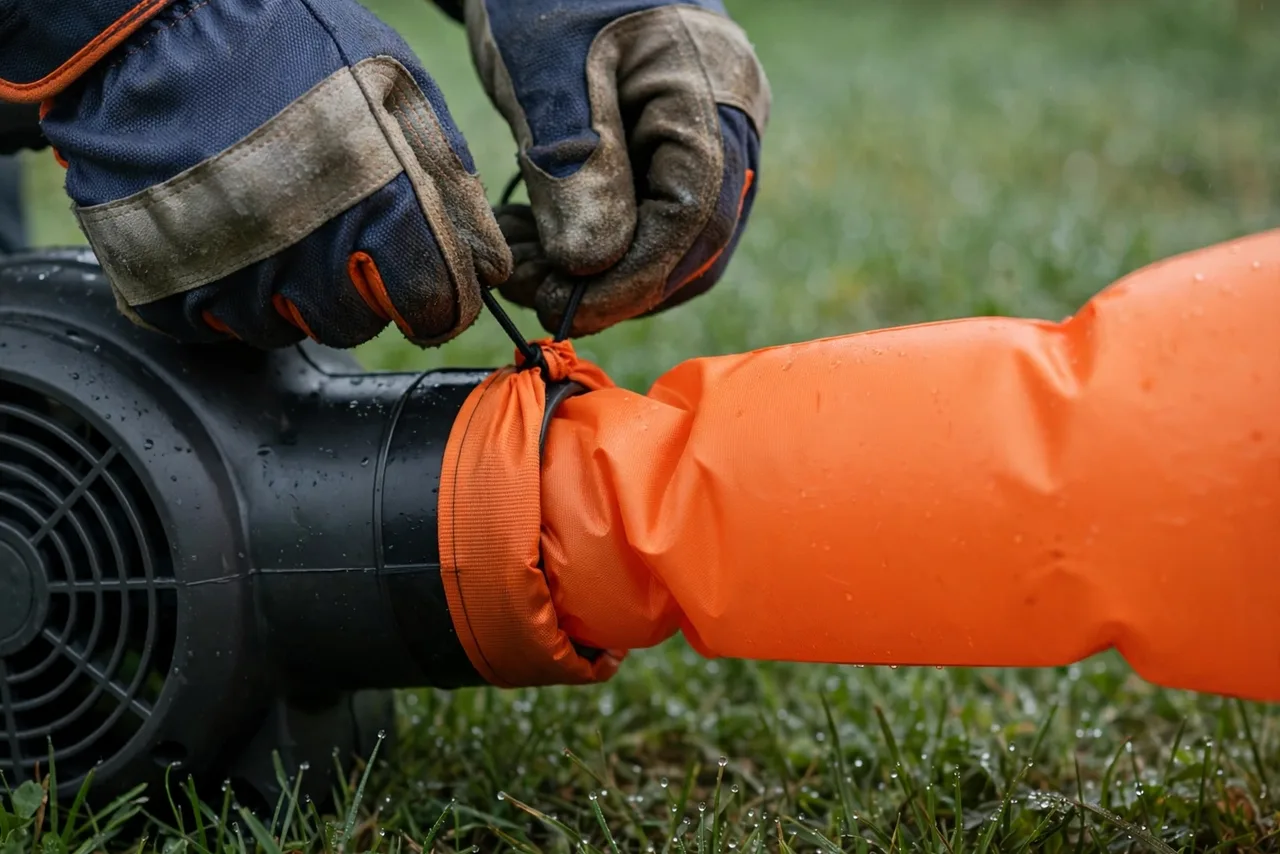 Gloved hands tie an orange inflation tube onto the outlet of an electric blower on wet morning grass.