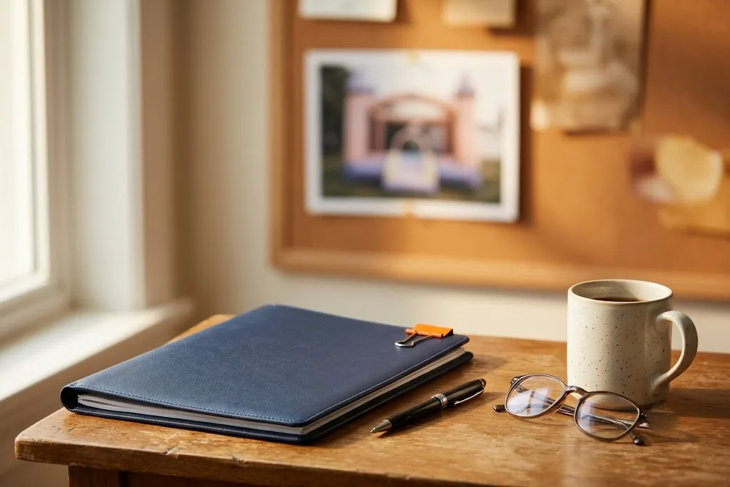 A tidy home-office desk in warm morning light with a closed document folder and pen beside reading glasses and a coffee mug, a corkboard of pinned notes soft behind.