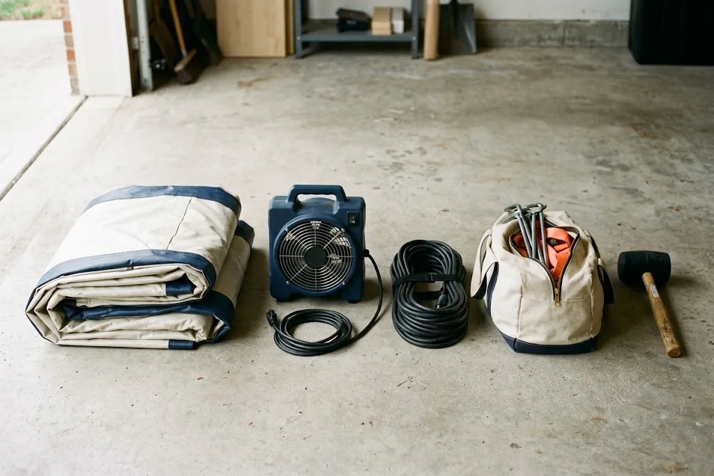 A first unit's starter kit laid out in a neat row on a clean garage floor — a folded inflatable, a blower fan, coiled cords, a bag of ground stakes and a mallet.