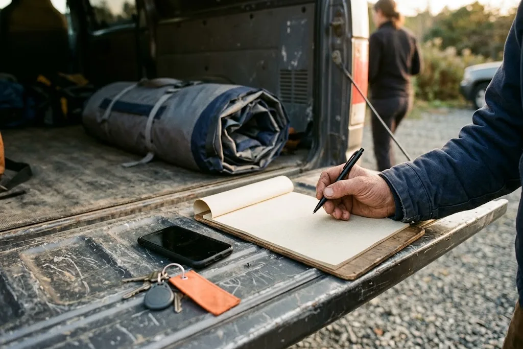 A hand poised with a pen over a blank clipboard form on a van tailgate, a set of keys beside it and a rolled inflatable soft behind.