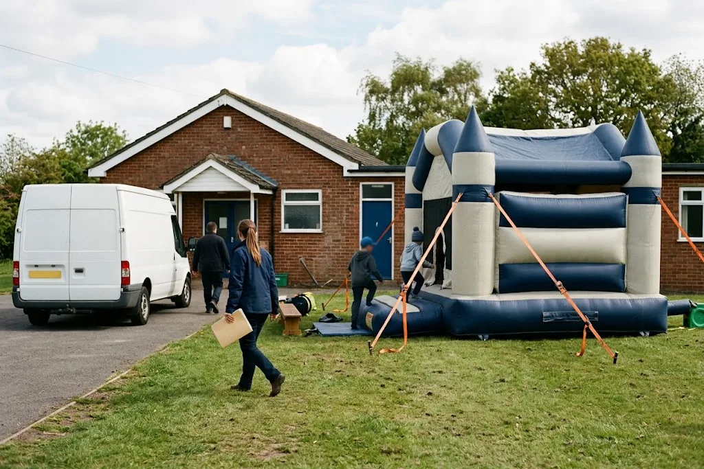 A fully inflated bounce castle staked on a lawn in front of a low brick community hall, a cargo van parked nearby in clean daylight.