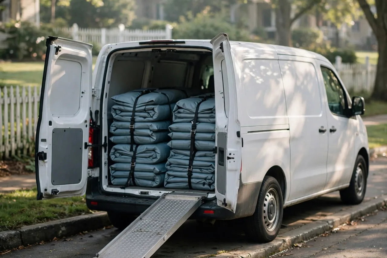 A white cargo van at the curb with rear doors open and a ramp down, stacked with strapped folded inflatable bundles.