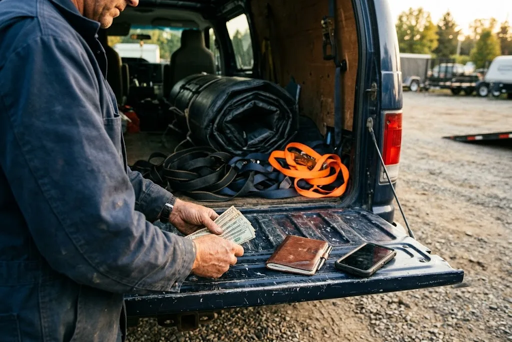 An operator's hands counting a small stack of cash at the open tailgate of a cargo van in late-afternoon light, a notebook beside a rolled inflatable and coiled straps in the bay.