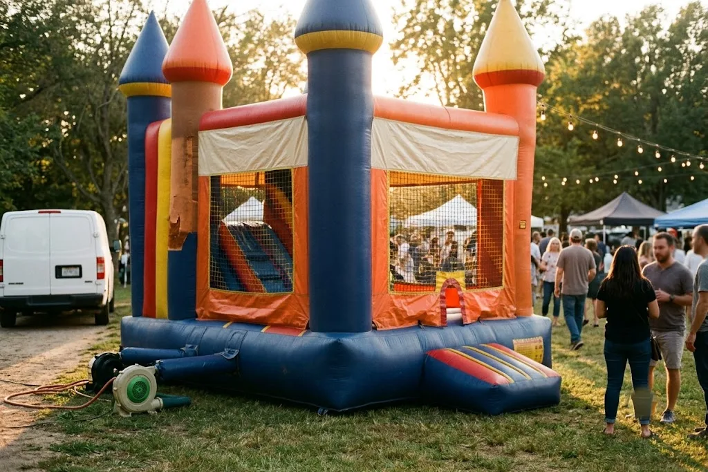 A lively inflated bounce castle at a community event at golden hour, a few guests softly blurred in the distance and string lights just coming on.
