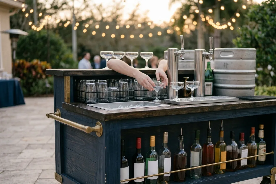 A navy wooden bar cart on a stone patio at dusk stocked with glassware, taps, and a keg under string lights.
