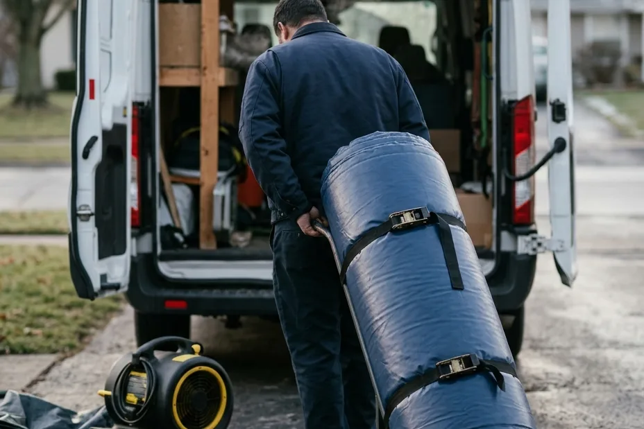 A worker wheels a strapped rolled inflatable on a hand truck toward an open cargo van in soft dawn light.