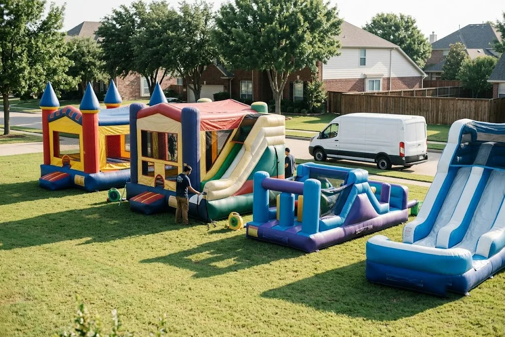 Three inflatables — a castle, a combo and a water slide — staged in a tidy row across an open suburban lawn with a van at the curb and long shadows on the grass.