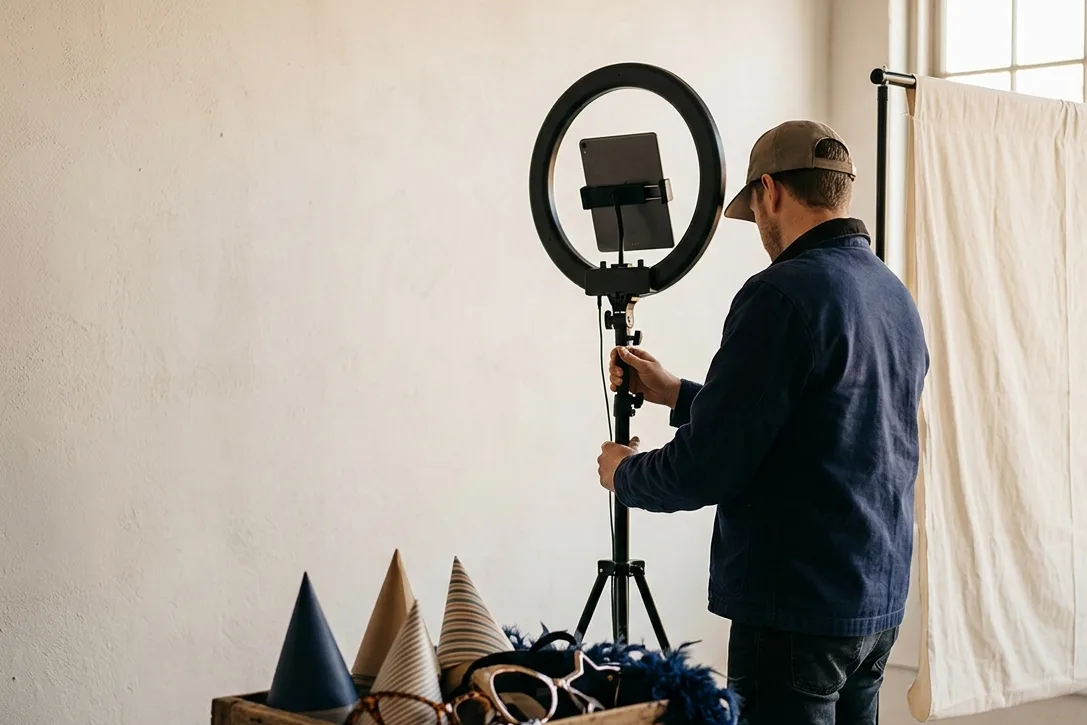 An operator sets up a photo booth ring light and fabric backdrop, a crate of plain party hats and props nearby.