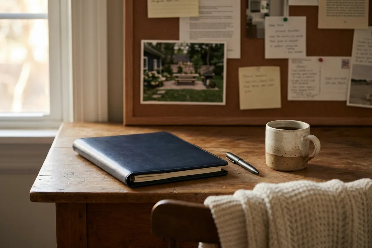 A closed navy folio and a pen on a wooden desk beside a speckled mug, a corkboard of pinned notes and a photograph on the wall behind.