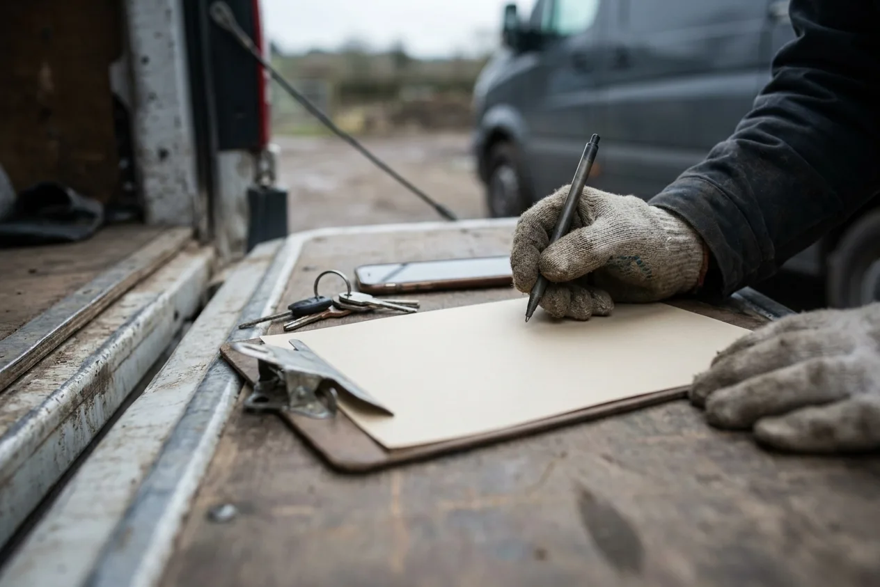 A gloved hand poised with a pen over a blank clipboard form on a van tailgate, a set of keys and a face-down phone beside it.
