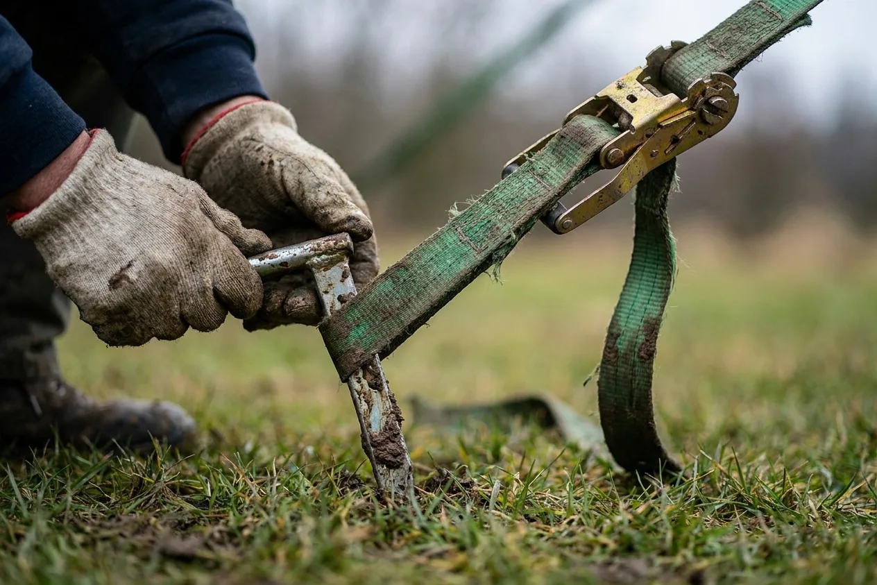 Gloved hands driving a metal anchor stake into turf with a worn green ratchet strap tensioned over it.