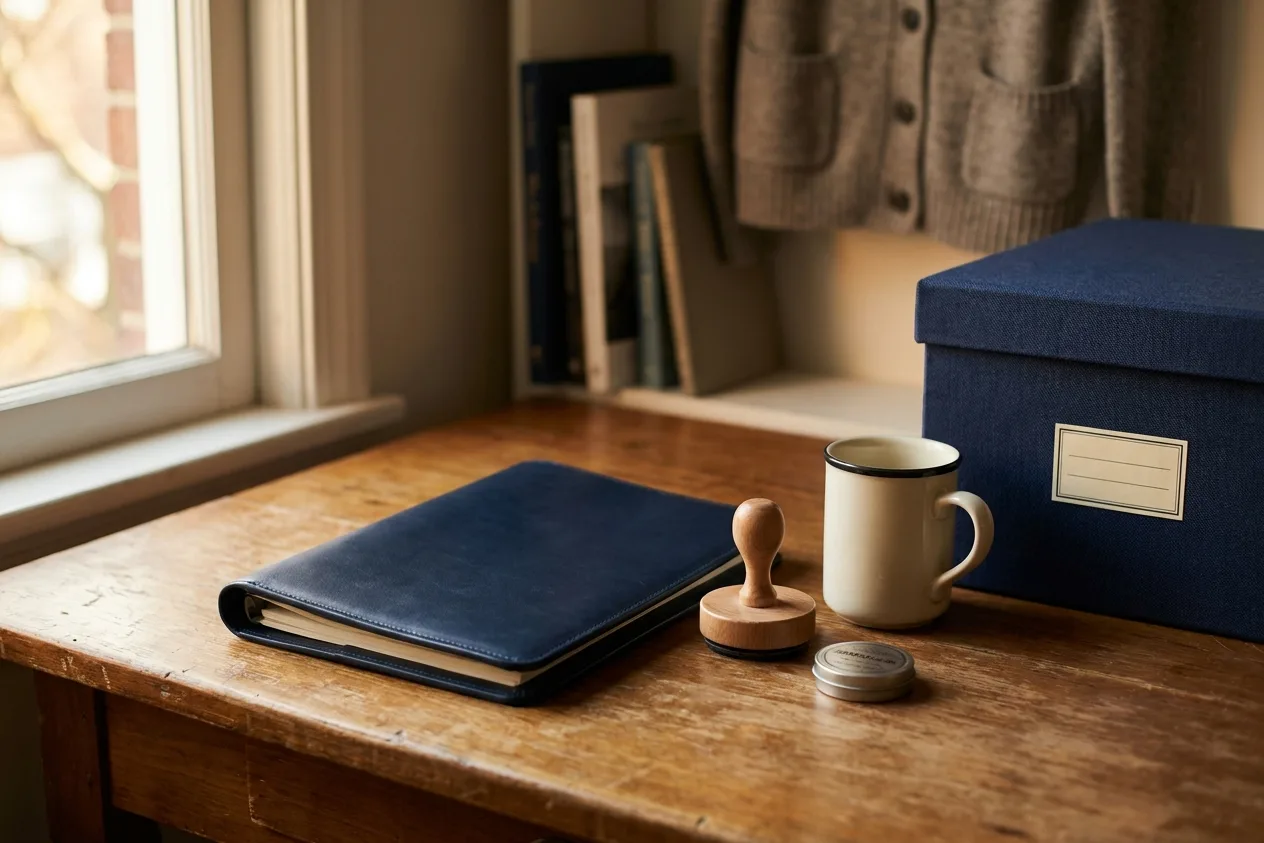 A closed navy folio, a wooden rubber stamp and an ink tin on a desk beside a mug and a navy filing box with a blank label.