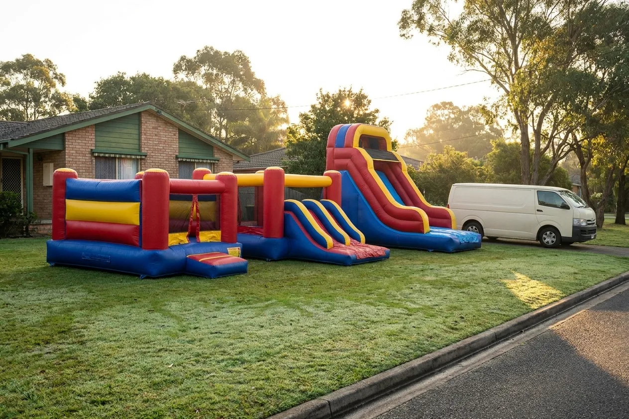 Three different inflatables staged in a tidy row across an open suburban lawn in bright morning light with a van at the curb beyond.