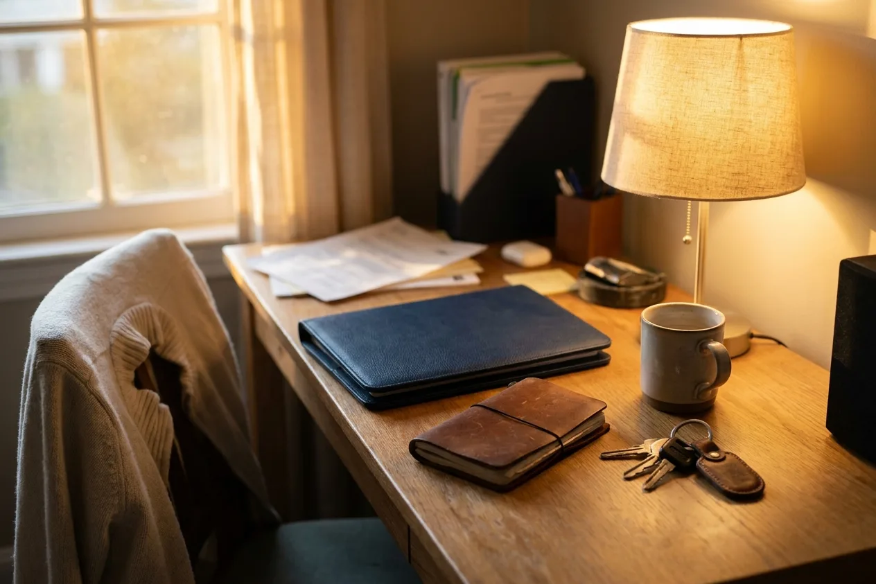 A home desk under lamplight at dusk with a closed navy folio, a leather notebook, van keys, a mug and loose papers.