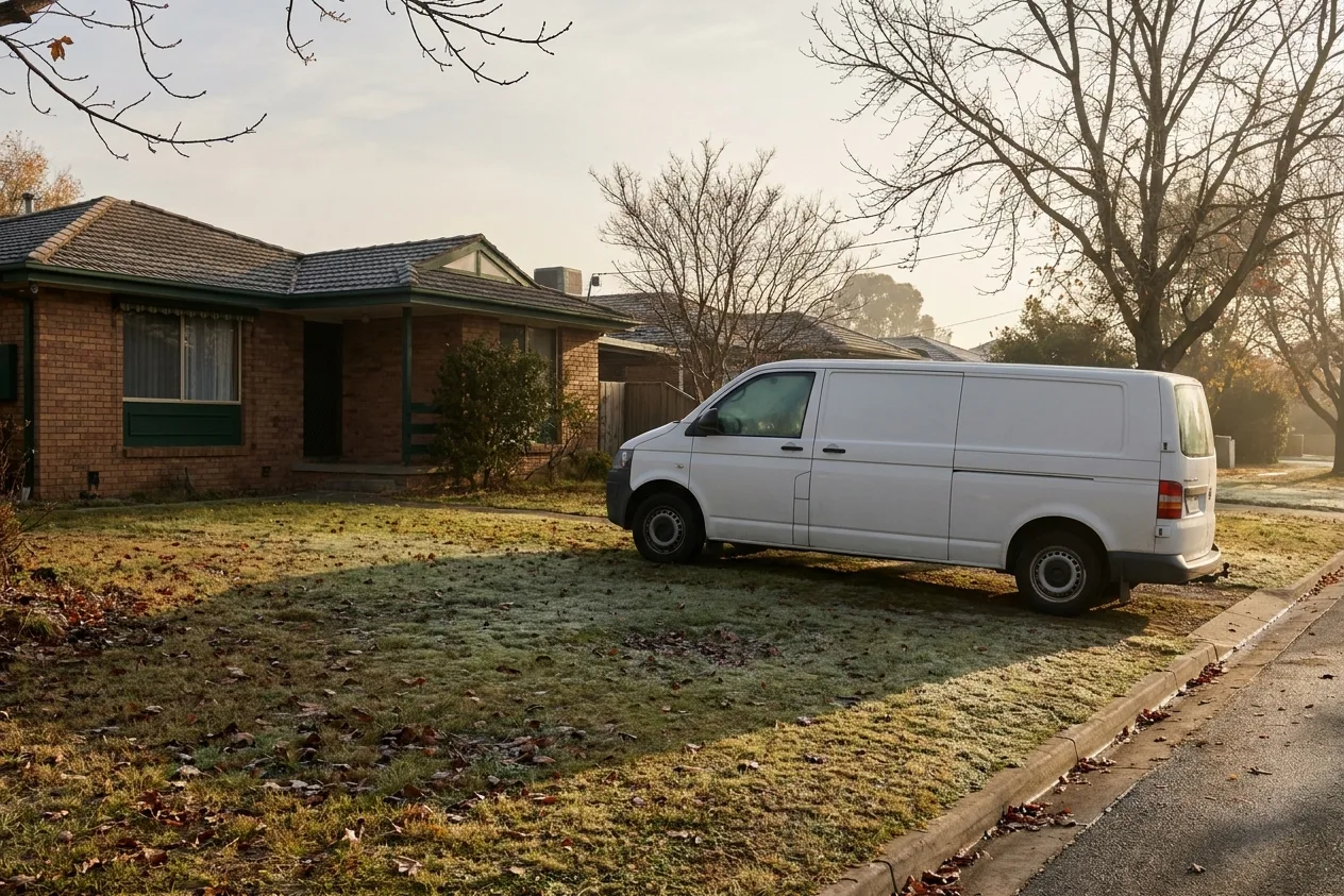 An empty suburban lawn in late autumn with a lone unmarked white cargo van at the curb, bare trees and frost on the grass.
