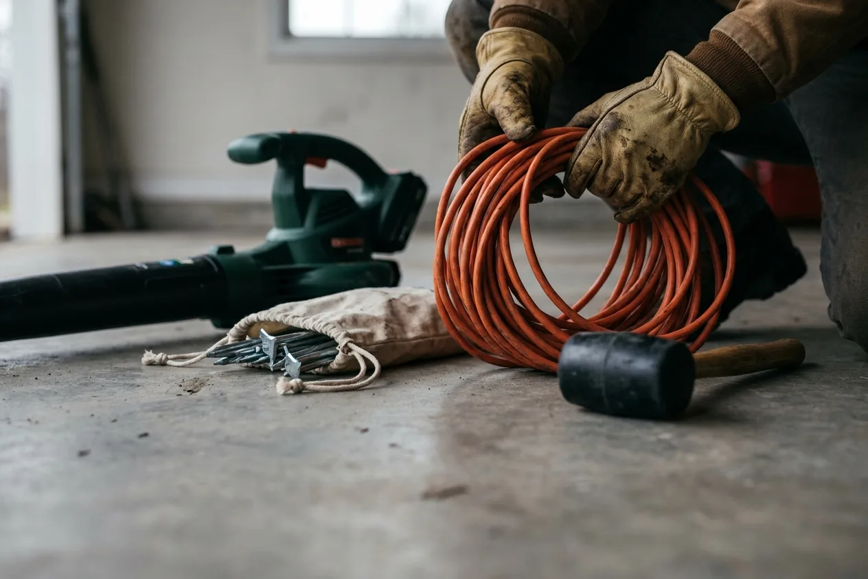 Gloved hands coiling an orange extension cord on a garage floor beside a cordless blower, a canvas bag of ground stakes and a rubber mallet.