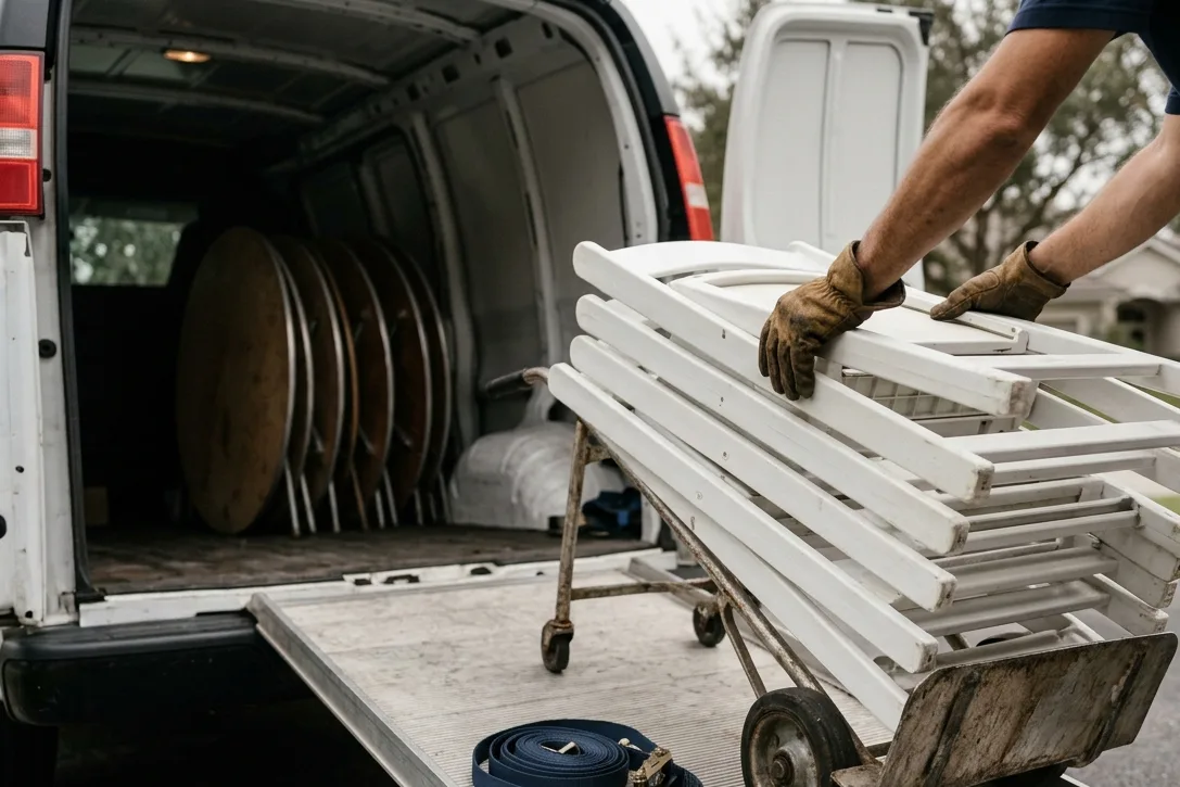 Gloved hands steady a stack of white folding chairs on a hand truck at the ramp of a cargo van.