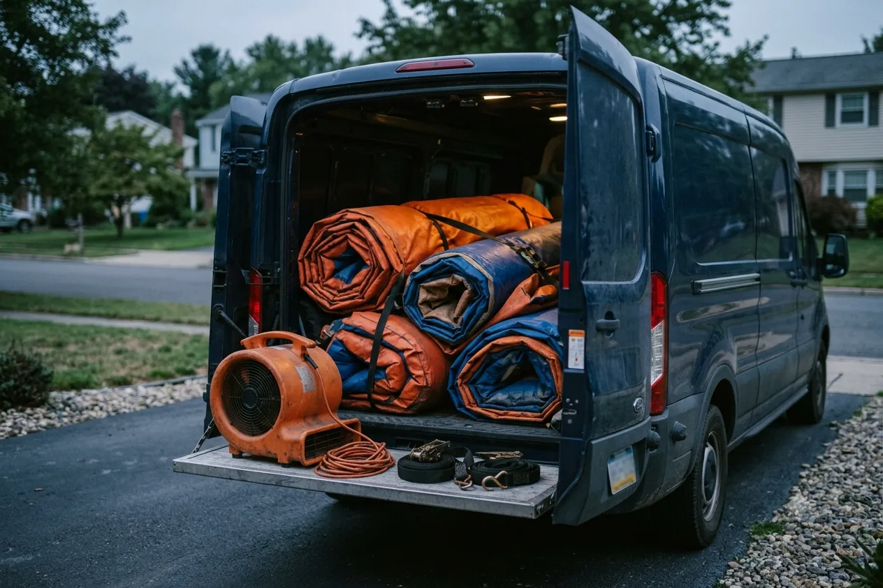 The open back of a cargo van at dawn packed with rolled inflatables, an air blower, coiled cord, and ratchet straps.