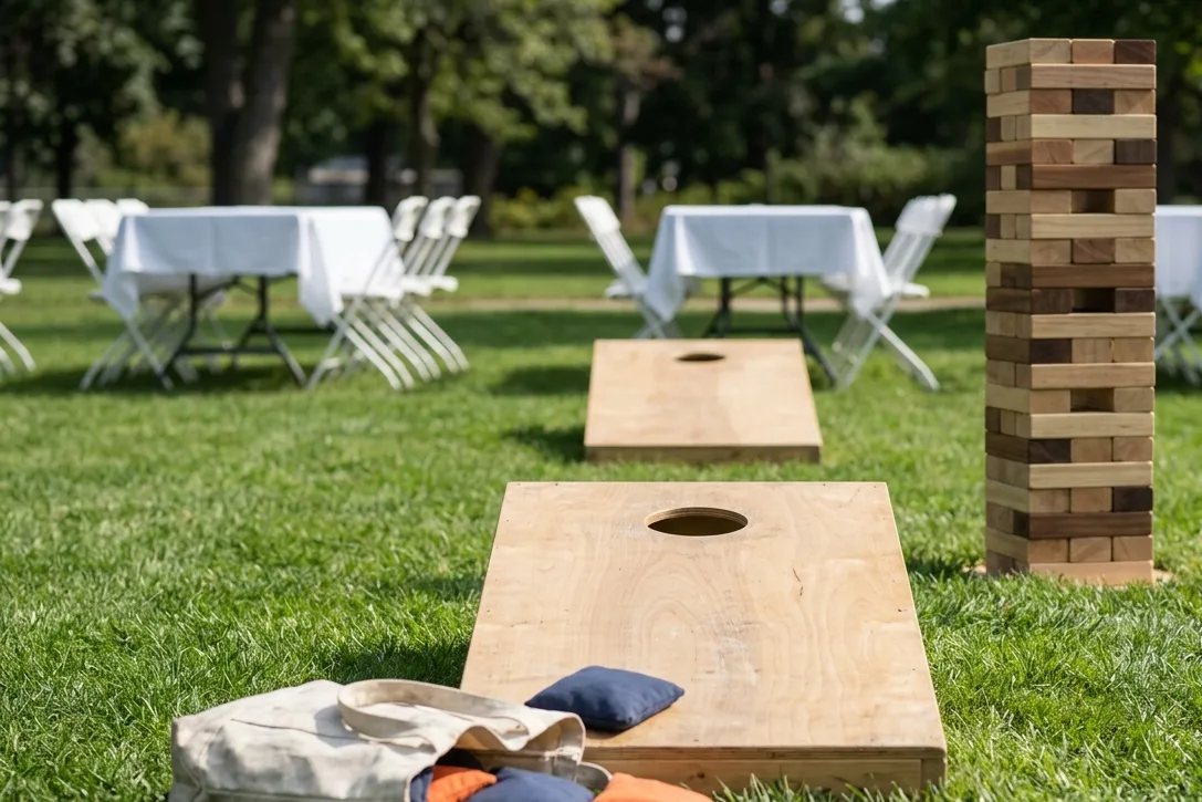 A giant tumble tower and cornhole boards on a lawn, a spilled tote of bean bags beside white party tables.
